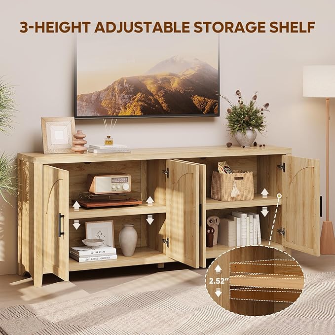 Bestier 70"W Sideboard Buffet Cabinet with Storage, Mid Century Credenza Storage Cabinet, 4 Doors Reeded Sideboard, Adjustable Shelves, Wood Buffet Long Cabinet for Living Room, Entryway, Coastal Oak