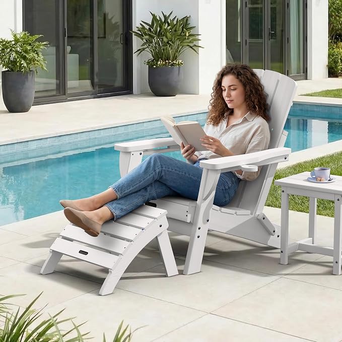Adirondack Ottoman Footrest for Adirondack Chair, All-Weather HDPE Outdoor Foot Stool, Folding Patio Ottoman for Lawn, Garden, Deck, Backyard, White