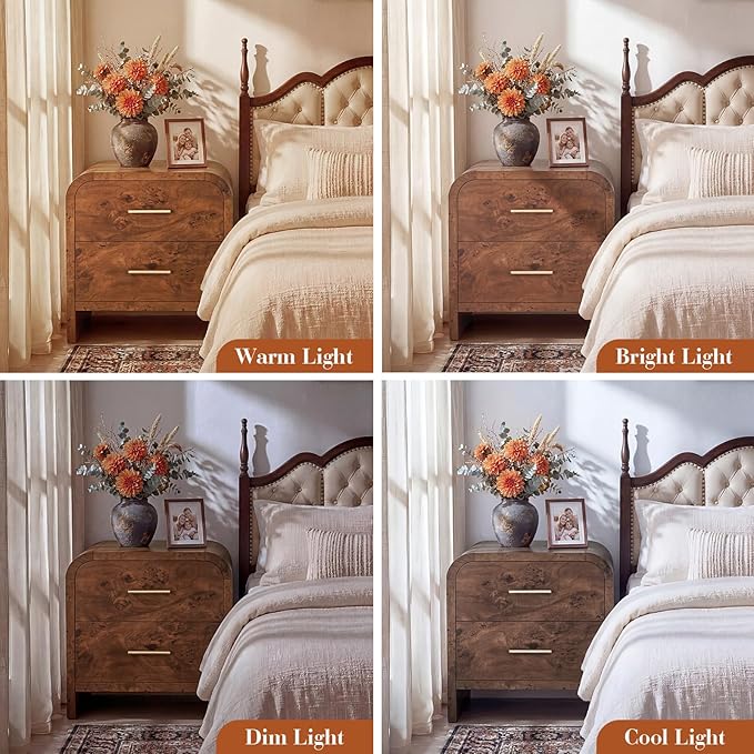 Night Stand [Unique Curved Profile] [FSC-Certified Wooden Board] 2-Drawer Nightstand 24" H Metal Handle Modern Sturdy Bedside Table Side Table End Table