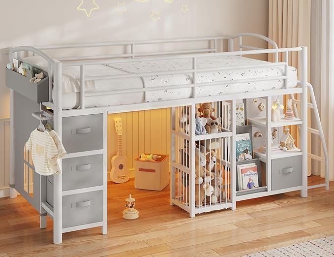 Low Loft Bed Twin Size with 4 Storage Drawers and LED Lights, Twin Loft Bed with Sling Bookcase & Toy Storage, Kids Twin Beds with Anti-Collision Pad & Play Curtain, Under-Bed Play Space, White+Grey