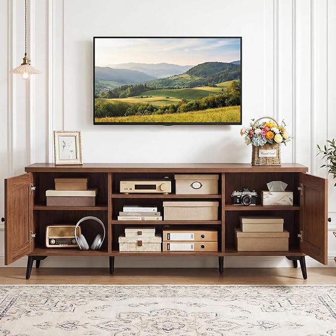 Giantex 2-Door TV Stand for TVs up to 65", Mid Century Modern Entertainment Center with 2 Storage Cabinets & 4 Adjustable Shelves, 6 Metal Legs, Media TV Console Table for Living Room (Walnut)