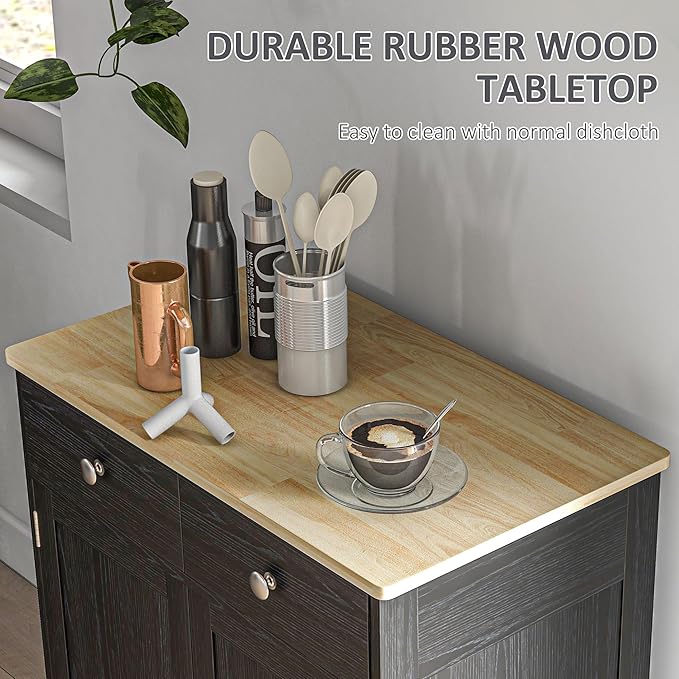 HOMCOM Sideboard Buffet Cabinet with Solid Wood Countertop, Modern Kitchen Storage Cabinet, Coffee Bar Cabinet with 2 Drawers, Doors and Adjustable Shelf, Distressed Black