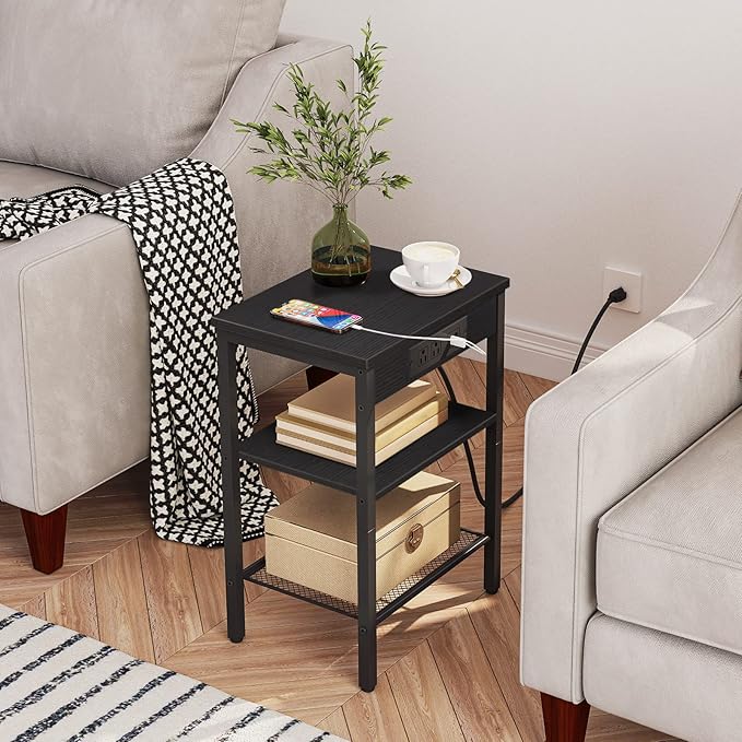 HOOBRO Side Table with Charging Station and USB Port, Small End Table for Small Space, 3-Tier Nightstand with Adjustable Shelf, for Living Room, Bedroom, Black BB112BZ01