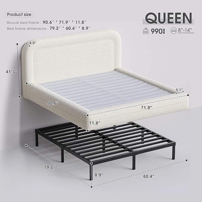 Homkdom Cloud Bed Frame with Headboard, Upholstered Soft Queen Bed Frame with Round Edges, Boucle Platform Bed for Modern Bedrooms & Apartment & Guest Rooms, No Box Spring Needed,Beige