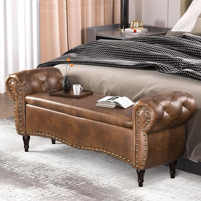 ZZW Storage Ottoman Bench, 51" Length Upholstered End of Bed Storage Bench for Bedroom with Safety Hinge, Tufted Bed Benches with Rolled Arm and Nailhead Trim for Living Room, Entryway Brown