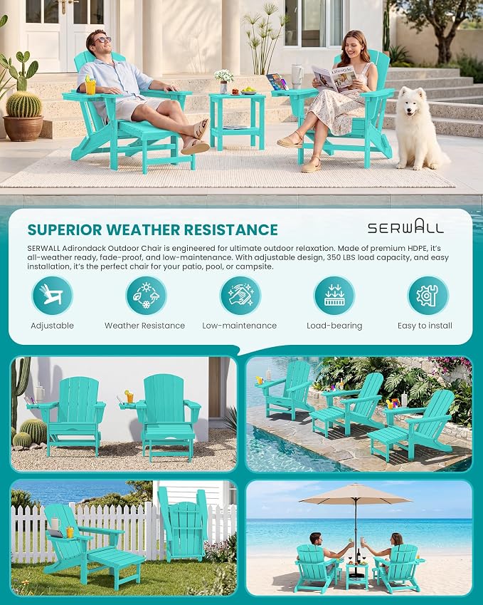 SERWALL Folding Adjustable Adirondack Chairs with Footrest Set of 4, HDPE Outdoor Chair with 4-in-1 Cup Holders, All Weather Adirondack Chair with Ottoman, Aruba
