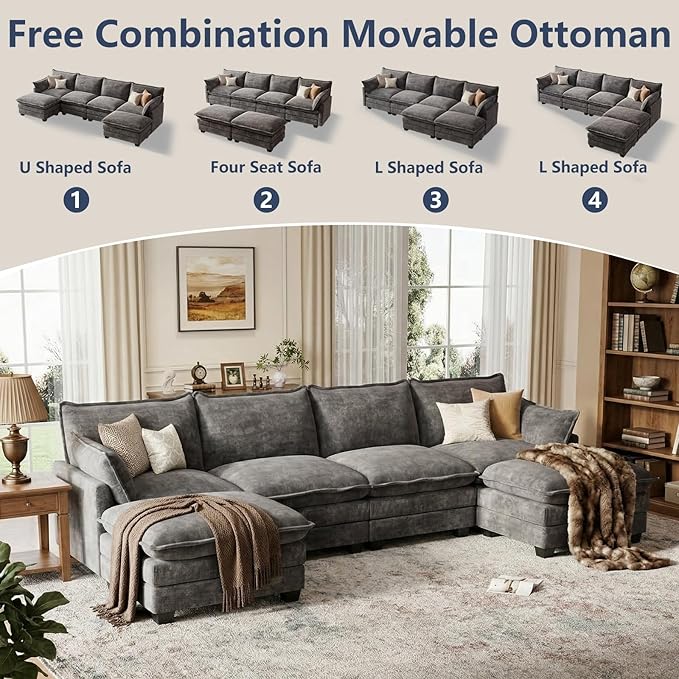 U Shaped Modular Sectional Sofa, Cloud Couch with Movable Ottoman, Comfy Chenille Sofa with Pillows for Living Room, Bedroom, Apartment, Dark Gray