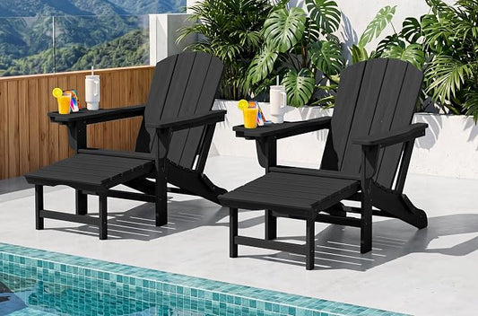 SERWALL Folding Adjustable Adirondack Chairs with Footrest Set of 2, HDPE Outdoor Chair with 4-in-1 Cup Holders, All Weather Adirondack Chair with Ottoman, Black