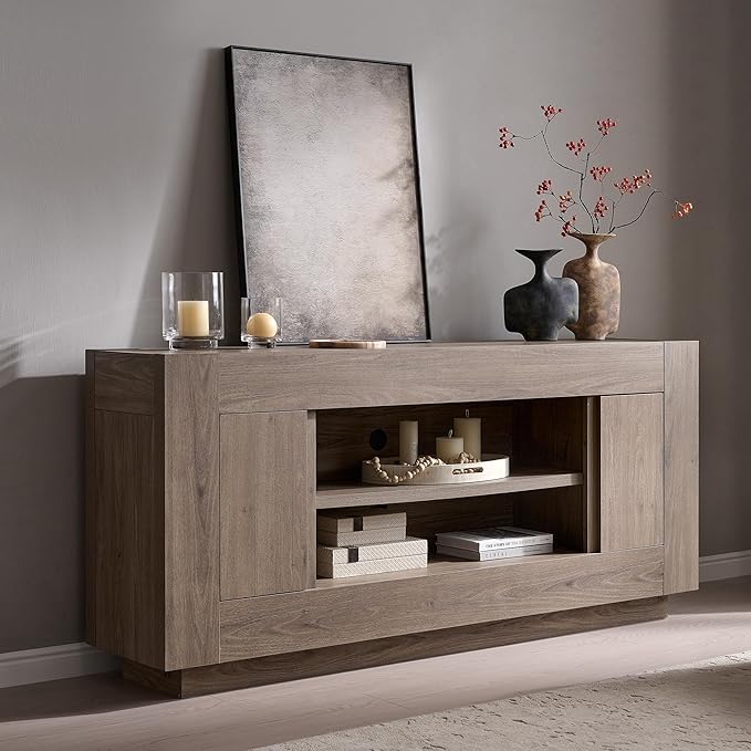 OKD Modern 70" TV Stand, Entertainment Center for TVs Up to 80", Media Console with Large Open Storage & Side Cabinets, Thick Wood Design for Living Room, Alder Grey