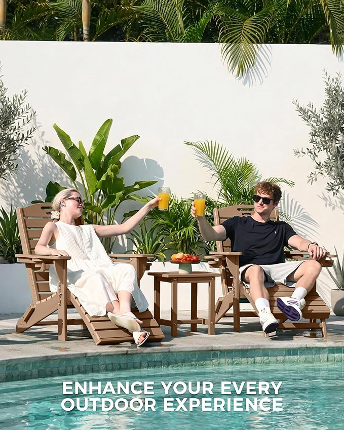 Adjustable Adirondack Chairs Set of 6 with Retractable Ottoman, HDPE Folding Adirondack Chair with Cup Holders, Weather Resistant for Backyard, Poolside & Fire Pit (Teak)