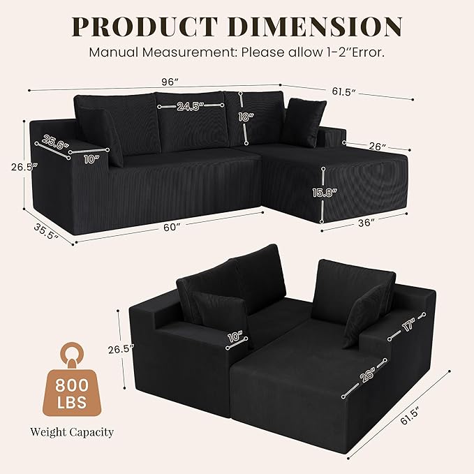 GRUSIGN Cloud Sectional Boneless Couches for Living Room, Modular L Shaped Couch with Deep Seat Oversized Right Facing Chaise, Memory Foam Compressed Spineless Sofa for Bedroom, Fine-Striped Black