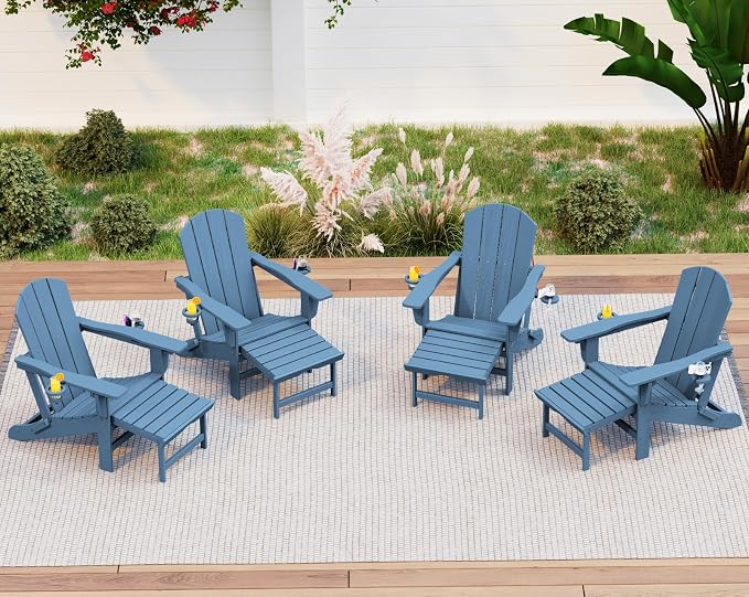 KINGYES Folding Adjustable Adirondack Chair with Ottoman & 2 Cup Holders Set of 4, HDPE Recliner Adirondack Chair with Footrest, Blue