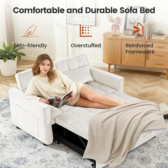 Convertible Sofa Bed, Pull Out Couch with Side Pockets, 3 in 1 Velvet Fabric Loveseat Sleeper Sofa Bed, Pull Out Couch with Adjustable Backrest for Living Room, Bedroom, Apartment, White