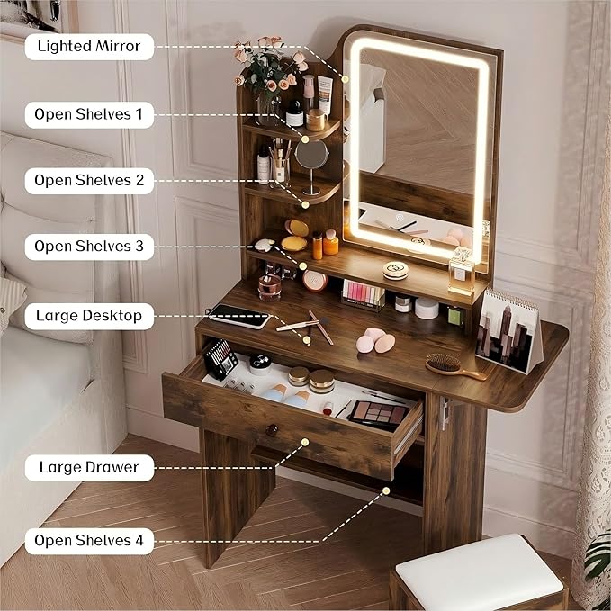 Haewon Small Vanity Desk with Mirror and Lights, Makeup Vanity with Charging Station, Compact Dressing Table Set with Storage Chair, Drawer and Shelves for Bedroom, Vintage Brown