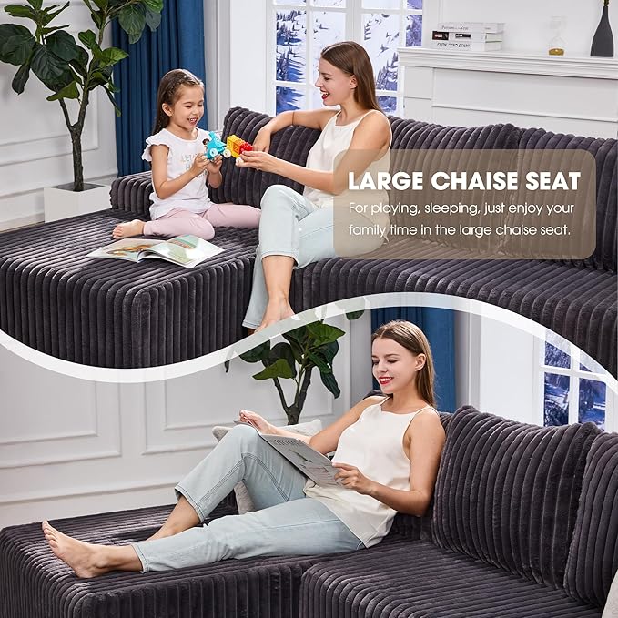 Hobestluk Modular Sectional Sofa Boneless Couch L-Shape Couch 3 Seat Modular Couch Memory Foam Sectional Couches for Living Room Furniture, Cloud Couch Lounge (Grey Stripe, 98" Left Facing Chaise)