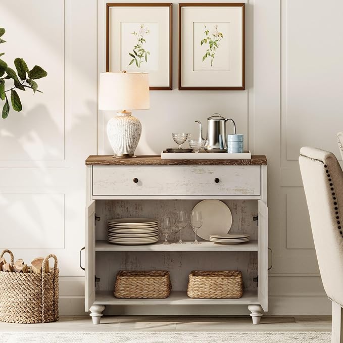 WAMAPT Rustic White Buffet Cabinet with 6 Doors and 3 Drawers, Large Coffee Bar Table Wood Kitchen Storage Cabinets, Modern Farmhouse Sideboard Credenza for Dining Room, 101 inch