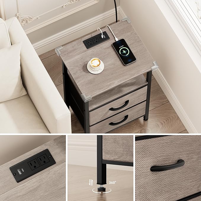 Vagusicc Night Stand Set 2, LED Nightstand with Charging Station, Bedside Table with USB Ports & Outlets, 24.2" Tall End Table with open Shelf, Bed Side Table with 2 Fabric Drawers for Bedroom, Greige