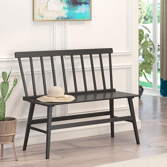 Bamboo Dining Bench, Entryway Bench with Spindle Back Farmhouse Wood Windsor for Foyer Balcony Living Room (Black)