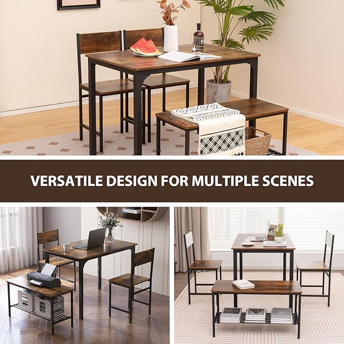 Giantex Dining Table Set for 4, Kitchen Table with Bench and Chairs, Industrial Gathering Bench Dining Set W/Metal Frame & Storage Rack, Dinette Set, Modern Functional Desk Set (Rustic Brown)