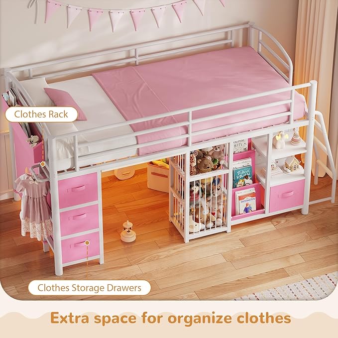 Low Loft Bed Twin Size with 4 Storage Drawers and LED Lights, Twin Loft Bed with Sling Bookcase & Toy Storage, Kids Twin Beds with Anti-Collision Pad & Play Curtain, Under-Bed Play Space, Pink+White