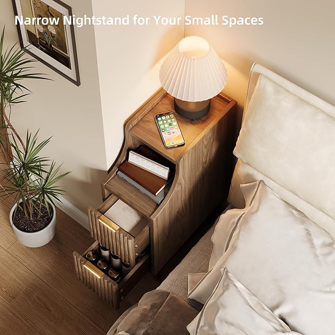 Fluted Nightstands Set of 2,Narrow Bedside Table with 2 Drawers & Storage, Farmhouse Walnut End Table Modern Side Table for Bedroom Livingroom Sofa Office