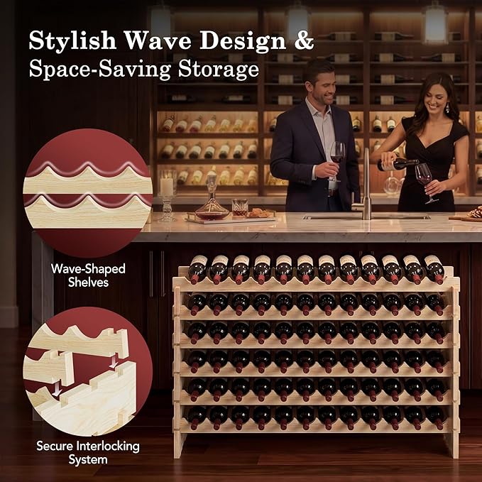 72 Bottles Stackable Modular Wine Rack, 6-Tier 72 Slots Floor Wine Storage Stand Wooden Wine Holder Display Shelves, Wobble-Free, Solid Wood, Floor Free Standing