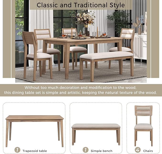 Harper & Bright Designs Kitchen Dining Table Set for 6, Classic and Traditional Style 6 Piece Kitchen Dining Table Set, 4 Upholstered Chairs & Bench (Natural Wood Wash)