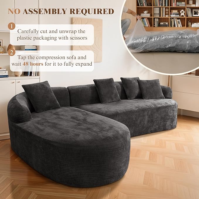 99" Curved Sectional Sofa with Chaise, Modern Boneless Couch with Deep Seat, L Shaped 3-Seater Cloud Couch for Living Room, No Assembly Needed, Chenille (Black, Left Chaise+Right Sofa)