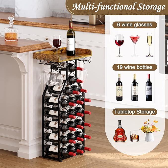 X-cosrack Wine Rack Freestanding Floor, Wine Storage Rack Mini Bar Table with Tabletop, Glass Holder Wine Bottle Display Stand Liquor Cabinet for Home Bar Kitchen Living Room