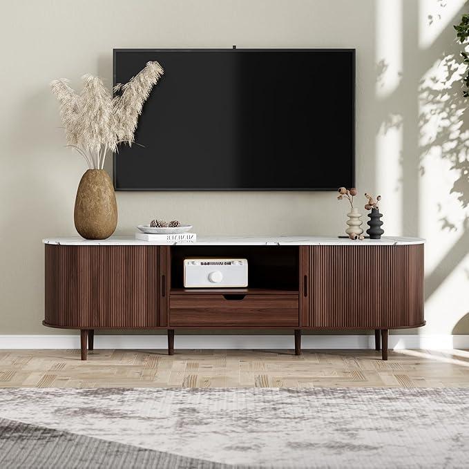 DHH 71" Fluted TV Stand with Power Outlet for TVs up to 80", TV Console with Adjustable Shelves and Sliding Door,Mid Century Modern Entertainment Center for Living Room,Bedroom (Walnut+Marble)