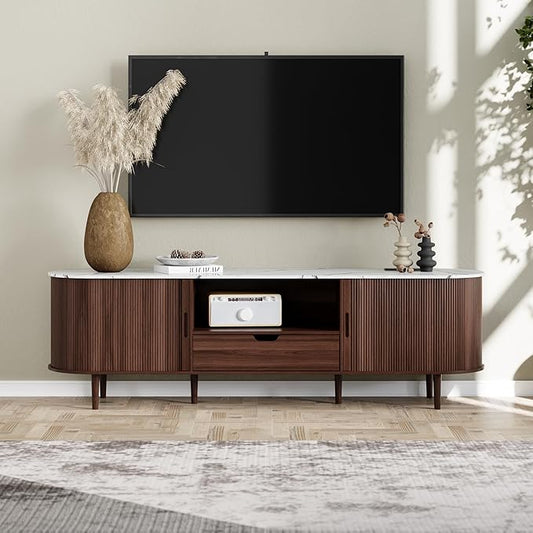 DHH 71" Fluted TV Stand with Power Outlet for TVs up to 80", TV Console with Adjustable Shelves and Sliding Door,Mid Century Modern Entertainment Center for Living Room,Bedroom (Walnut+Marble)