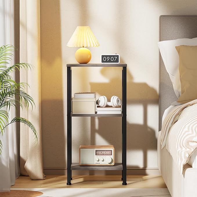 Asgolion Small Grey Side Table, Tall End Table with Adjustable Shelf for Living Room, Grey Nightstand, Accent Table Stand for Home Decor, Office, Greige