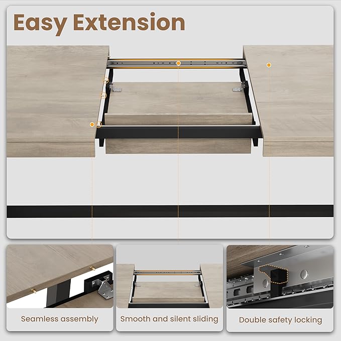 GarveeHome 63-83" Extendable Dining Table, Industrial Rectangular Dining Room Table for 6-8 People, Expandable Kitchen Table with Heavy Duty Metal Frame for Dining Room, Kitchen & Parties, Grey
