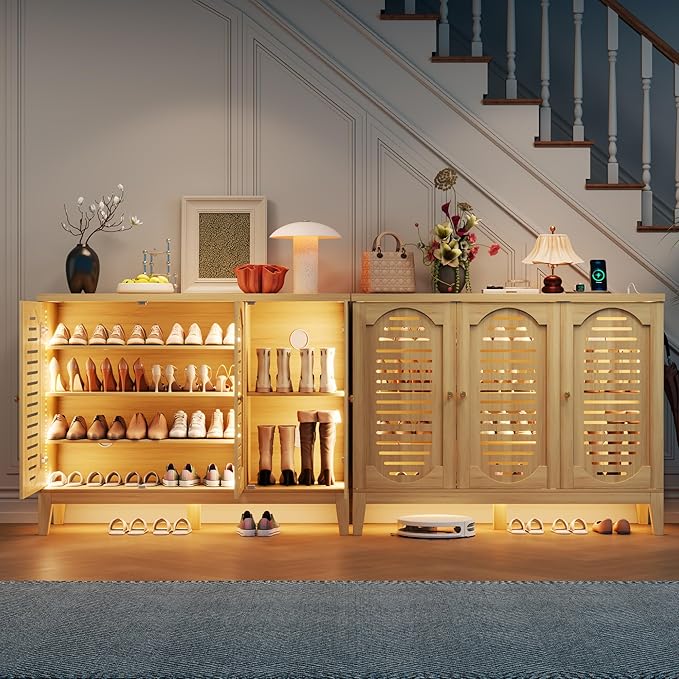 Vlsrka Shoe Cabinet with 3 Doors, Narrow Wooden Shoe Cabinet, Hidden Shoe Storage for Entryway, Foyer, Hallway (Brown C)