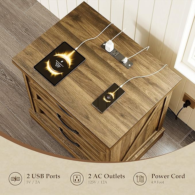AODK 24 Inch Farmhouse Nightstand Set of 2, Bedside Tables with Charging Station, Large End Tables with 3 Drawers, Rustic Night Stands with Outlet and USB for Bedroom& Living Room, Light Walnut