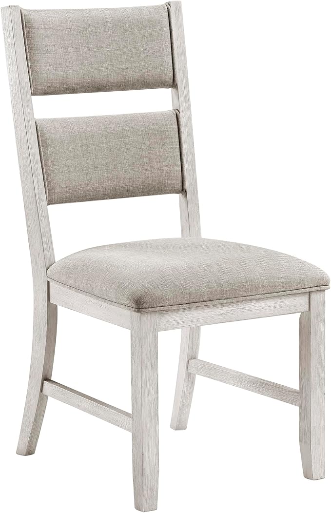 Lexicon Dining Chair Set of 2, Wooden Kitchen Chairs with Light Gray Textured Fabric Upholstered Seats and Back Rest, Accent Seating for Dining Room/Kitchen, Assembly Required, Brushed Antique White