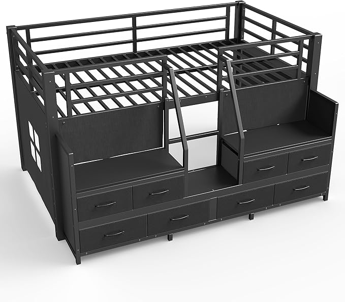 Bellemave Twin Size Loft Bed with 8 Non-Woven Fabric Storage Drawers and Bookshelf, Low Loft Bed with Lights and Private Play Curtain, Twin Loft Beds with High Rails, Noise Reduced Black