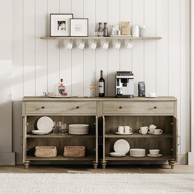 WAMAPT Buffet Cabinet with 4 Doors and 2 Drawers, Large Coffee Bar Table Wood Kitchen Storage Cabinets with Storage Cabinets, Modern Farmhouse Sideboard Credenza for Dining Room, Wash Grey, 68 inch