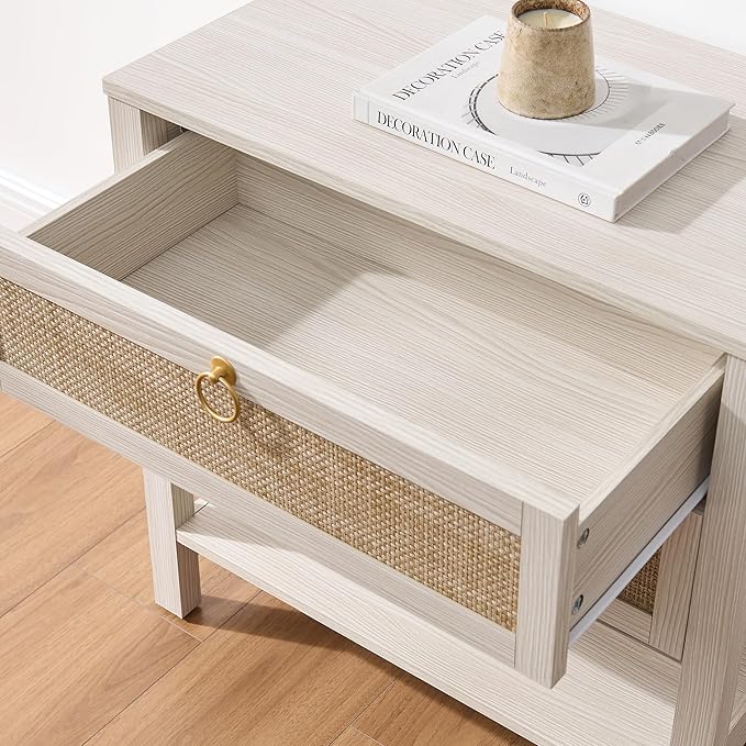 SICOTAS Boho Rattan Nightstand Set of 2, 26.7" Extra Wide Bedside Table with 2 Drawers & Open Shelf, White Oak Large Side Table for King Size Bed, Modern Coastal End Table for Master Bedroom
