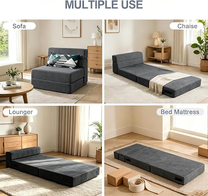 ANONER Fold Out Chair Bed Memory Foam with Pillow Futon Couch Folding Sleeper Chairs, Convertible Chair Bed Dark Gray, Single Size