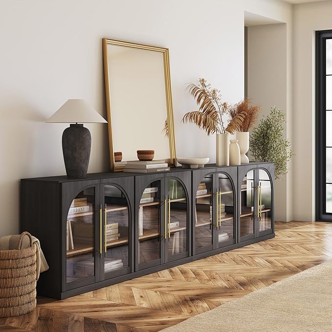 BELLEZE Set of 2 65" Arched Sideboard with Glass Door, Accent Buffet Cabinet with Storage and Adjustable Shelves, Classic Modern Large Console Table for Dining Room Living Room Entryway (Ebony)