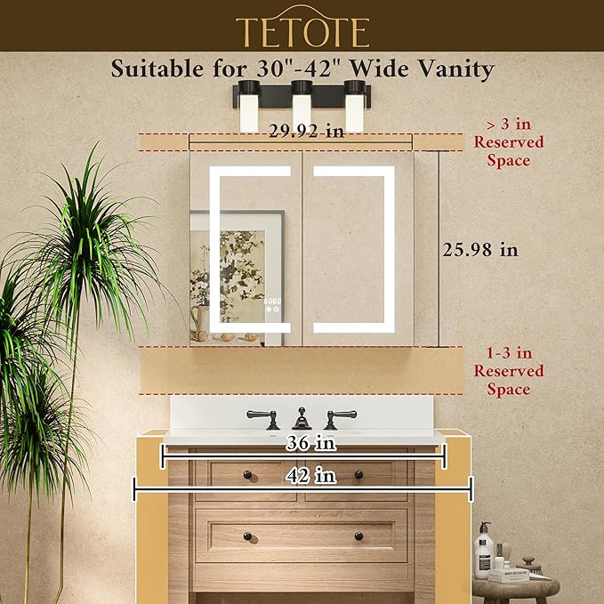 TETOTE LED Lighted Medicine Cabinet with Lights 30 x 26 Recessed or Surface Mount Cabinet Mirror for Bathroom Wall, 2 Door Tempered Glass Led Vanity Cabinet, Outlets & USB, 3-Color Dimming, Anti-Fog