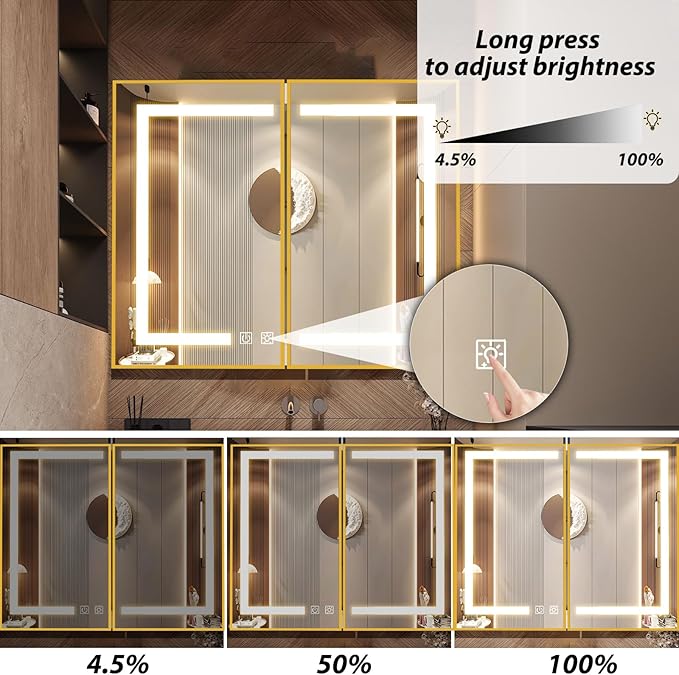 APRILSOUL 40x32 Inch Lighted Bathroom Medicine Cabinet with Mirror, Gold Recessed or Surface Mount Medicine Cabinet Mirror with Storage and LED Lights, 3 Colors Temperature, Dimmable Light