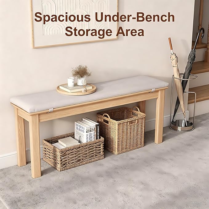 CycleCrew 47.2" Solid Wood Dining Bench with Removable Cushion - Mid-Century Modern Entryway Bench, Extra Height Upholstered Bench for Dining Table, End of Bed, Living Room