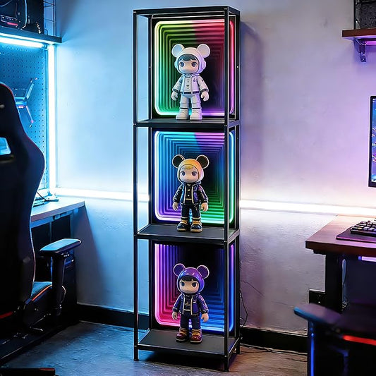 FUSLITE 3 Tier Storage Cabinet with LED Infinity Mirror Light, RGBW Display Cabinet with Adjustable Color Temp for Bedroom Office Gaming Room Decor,Action Figures, Collectibles, Black