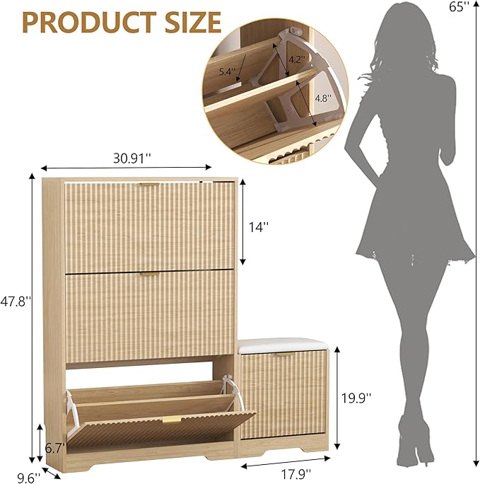 HUANLEGO Shoe Cabinet Storage for Entryway with 4 Flip Drawers, Oak Fluted Shoe Cabinet with Bench, Wooden Hidden Shoe Rack Freestanding Narrow Slim Shoes Storage Organizer for Hallway, Entrance