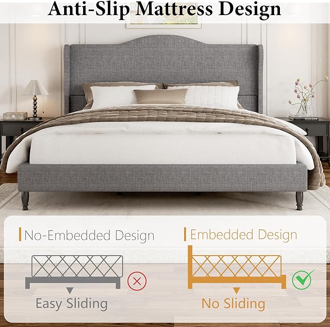 King Size Bed Frame, Upholstered Platform Bed with Tall Arched Wingback Headboard, Sturdy Wooden Slat Support, Easy Assembly, No Box Spring Required, Soft Fabric Bed for Bedroom, Light Grey