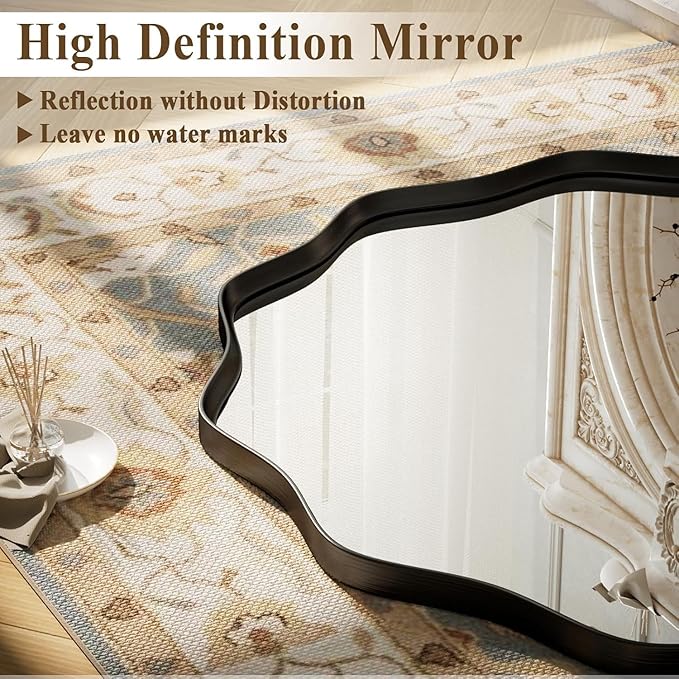 VooBang Black Scalloped Large Circle Mirror, 42" Wavy Edge Round Wall Mirror with Tempered Glass Textured Circular Metal Deep Frame, Hanging Leaning for Bathroom, Hallway, Entryway, Livng Room