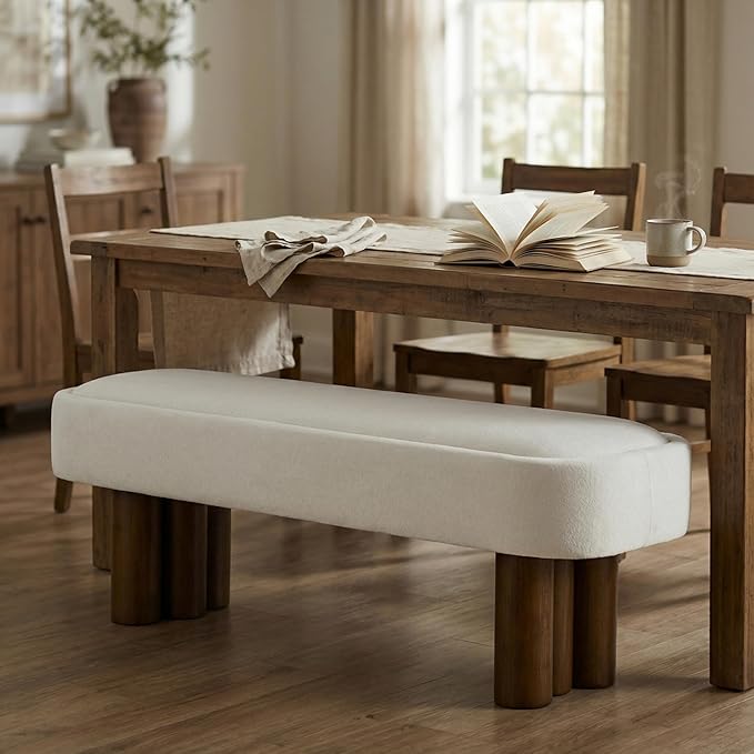 Merax 51.5" Indoor Fabric Dining Bench with Walnut-Finished Rubberwood Legs – Upholstered Seating Bench for Kitchen, Dining Room or Living Space, Supports Up to 250 lbs,Beige