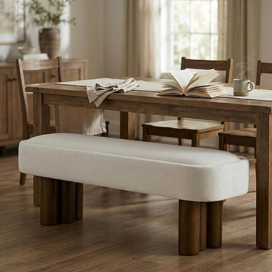 Merax 51.5" Indoor Fabric Dining Bench with Walnut-Finished Rubberwood Legs – Upholstered Seating Bench for Kitchen, Dining Room or Living Space, Supports Up to 250 lbs,Beige